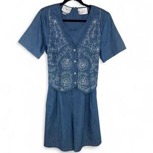 1994 Vintage Chambray‎ Romper Size S/M Embroidered Cottagecore Americana Western